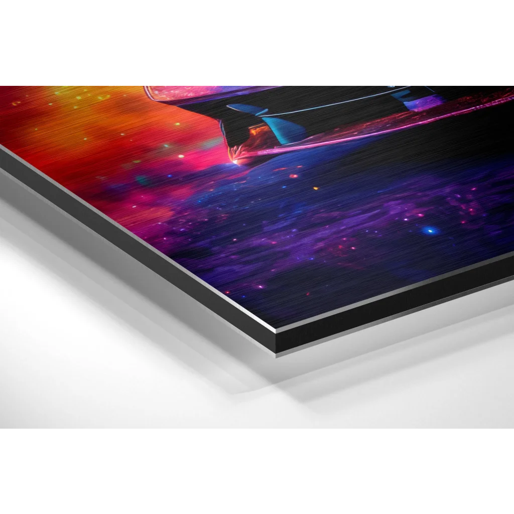 Vibrant cosmic spaceship art on brushed aluminium dibond print