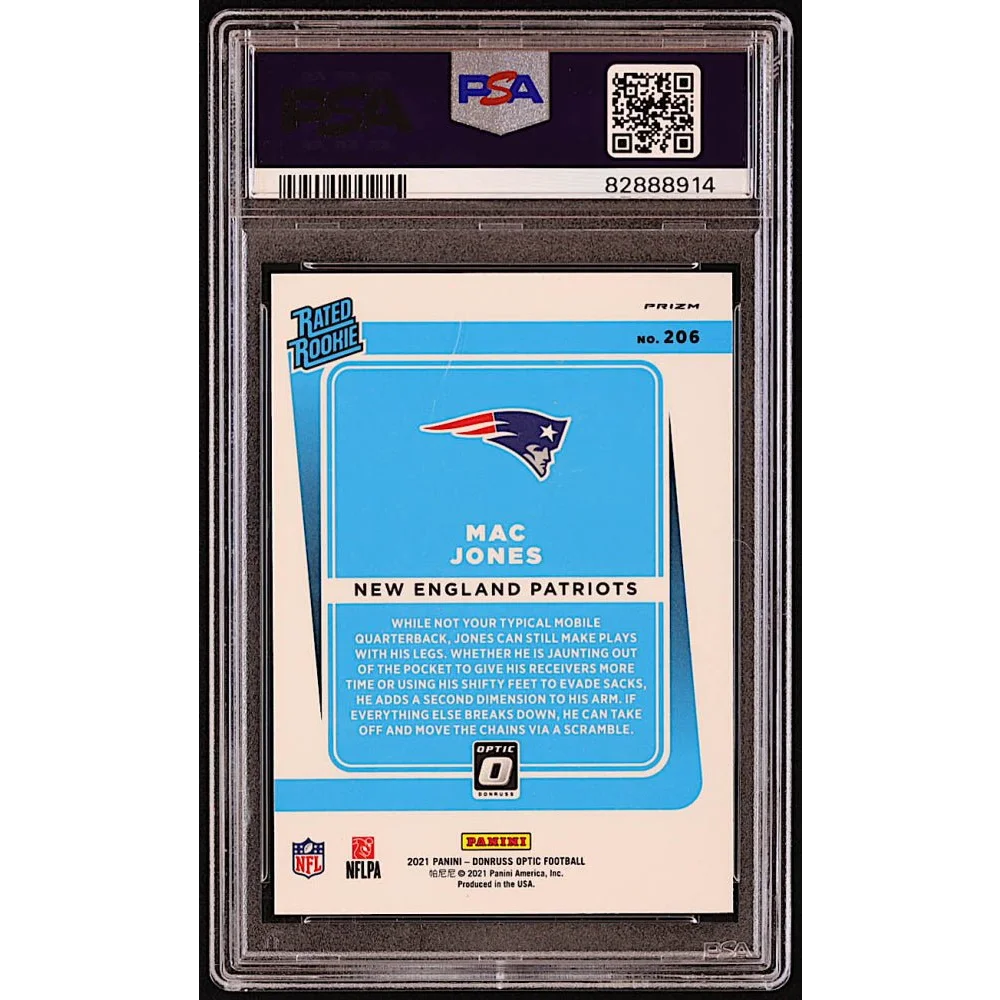 Mac Jones 2021 Panini Optic graded rookie card in Mac Jones Signed Red Hyper PSA product