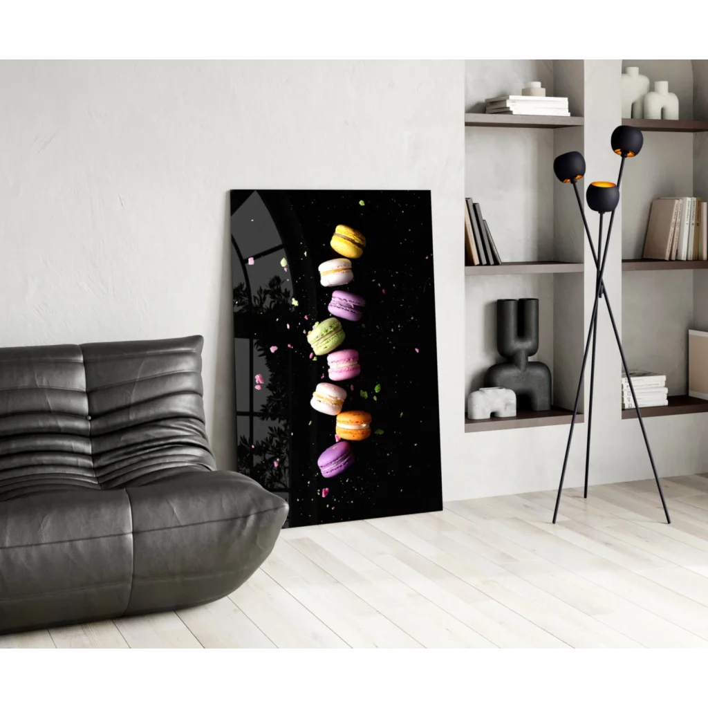 Vibrant floating macarons glass wall art print on black canvas