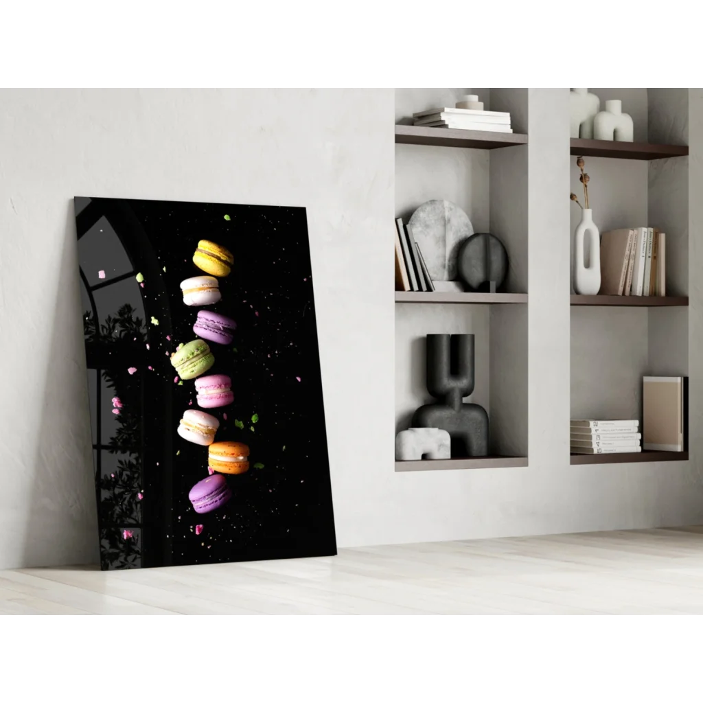Vibrant colorful macarons floating on sleek black canvas glass wall art