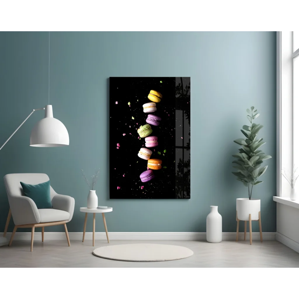 Floating Macarons Glass Wall Art Print on Black Canvas | Contemporary Home Wall Art | vintageantiquesgifts.com