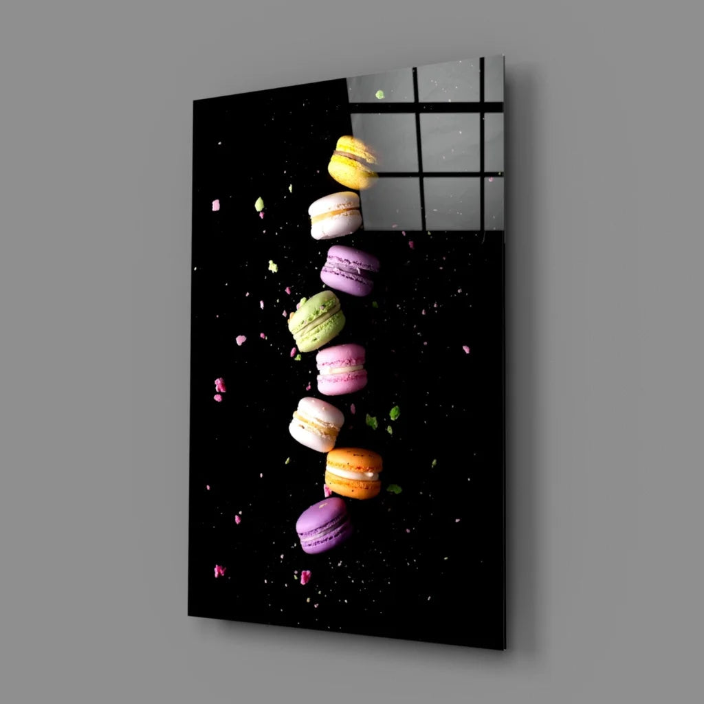 Floating Macarons Glass Wall Art Print on Black Canvas | Glass Wall Art Print | vintageantiquesgifts.com