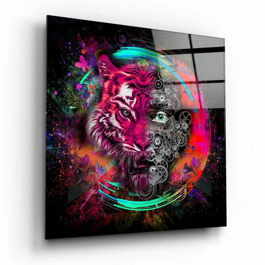 Neon Tiger Glass Wall Art with Glowing Mechanical Gears | Insigneart USA | vintageantiquesgifts.com