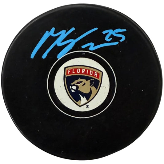 Mackie Samoskevich autographed Florida Panthers black hockey puck with logo and blue signature