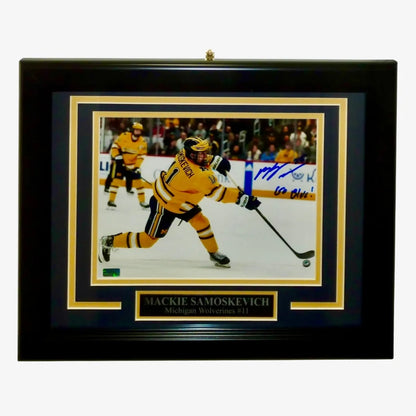 Autographed Mackie Samoskevich Michigan Wolverines hockey photo in black frame
