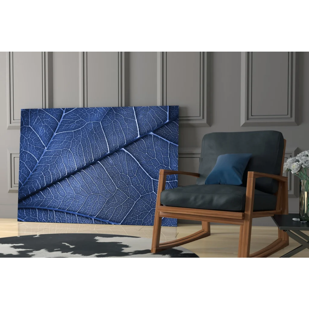 Deep blue canvas wall art with stunning white vein leaf details