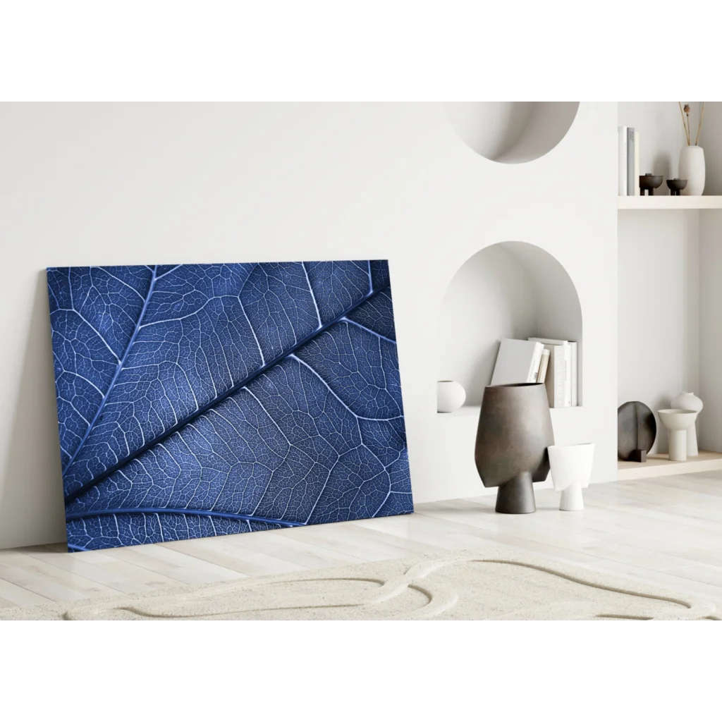 Deep blue leaf wall art canvas print with white vein details
