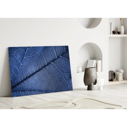 Deep blue leaf wall art canvas print with white vein details