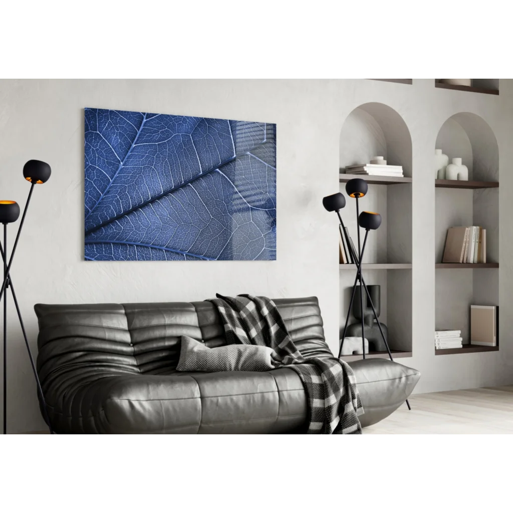 Stunning blue leaf canvas wall art with white vein details