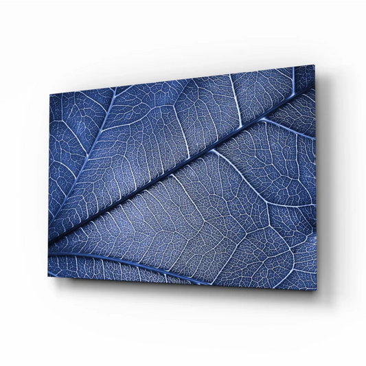 Deep blue leaf wall art canvas print with white vein details