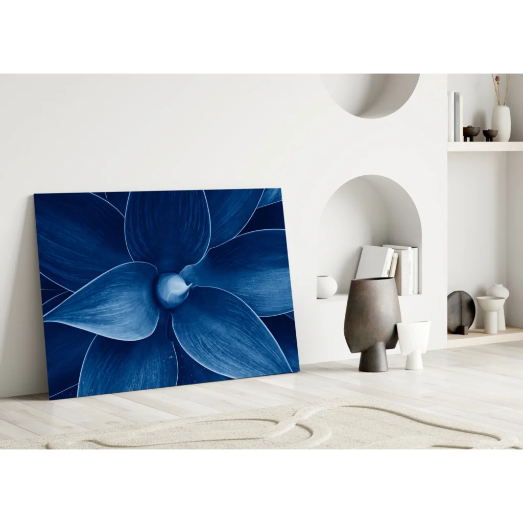 Deep blue layered petals canvas wall art with stylized floral design