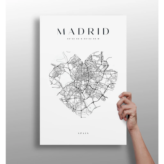 Madrid heart map insigne aluminum print in black-and-white