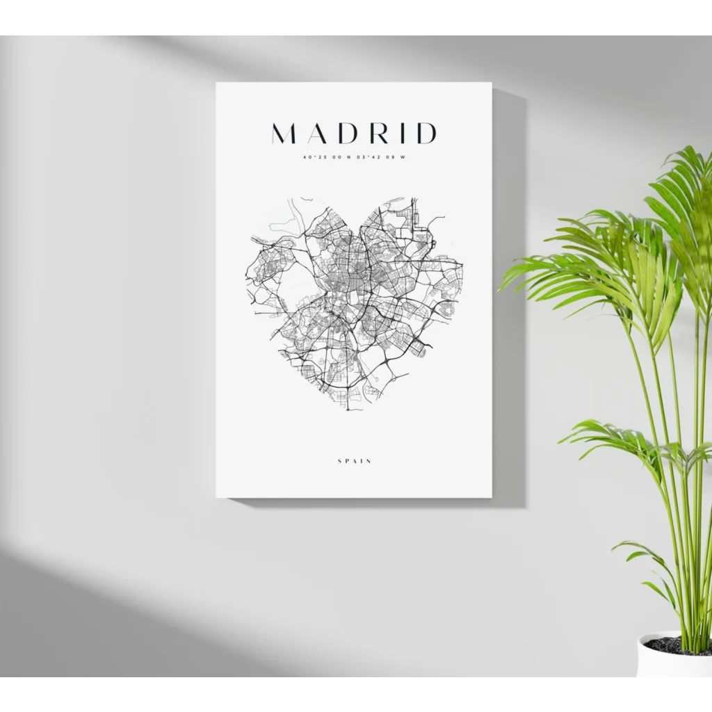 Minimalist black-and-white Madrid heart map on insigne aluminum print
