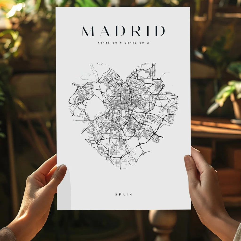 Minimalist black-and-white Madrid heart map on insigne aluminum print