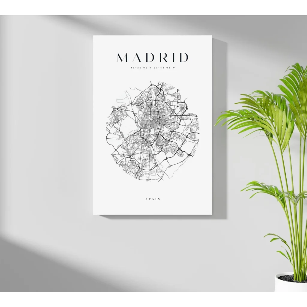 Insigne aluminum prints of minimalist black-and-white Madrid map on canvas