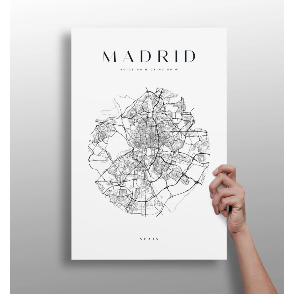 Minimalist black-and-white Madrid map on Insigne aluminum prints poster