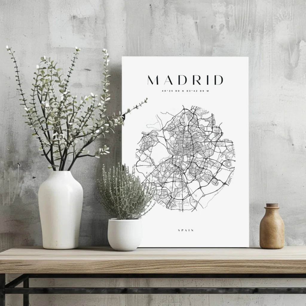 Insigne aluminum prints Madrid map poster with minimalist black line drawing