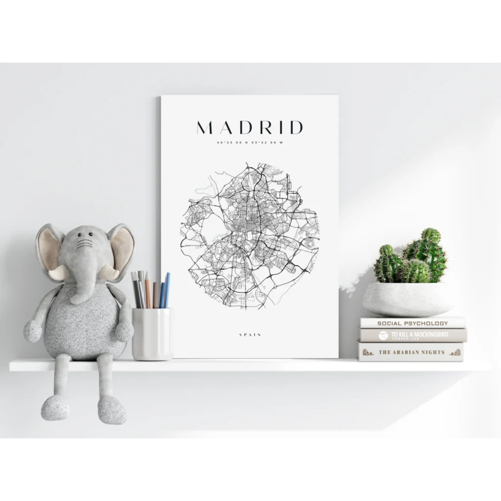 Insigne aluminum prints of minimalist black-and-white Madrid map on canvas