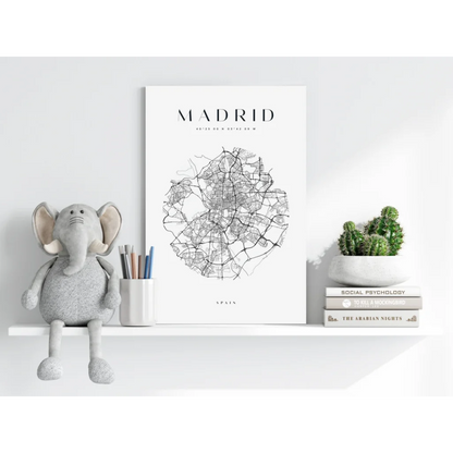 Insigne aluminum prints of minimalist black-and-white Madrid map on canvas