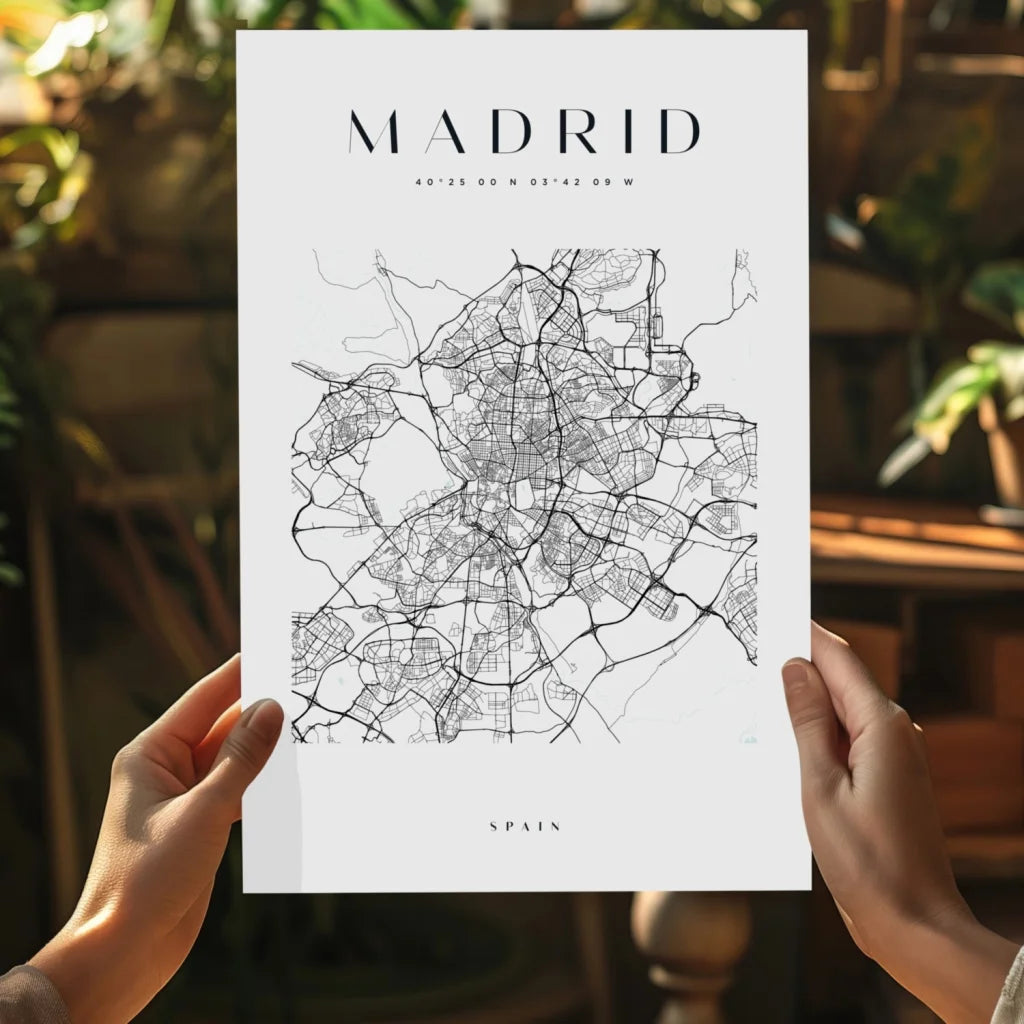 Minimalist black-and-white Madrid map on insigne aluminum print