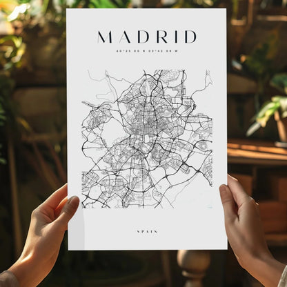 Minimalist black-and-white Madrid map on insigne aluminum print