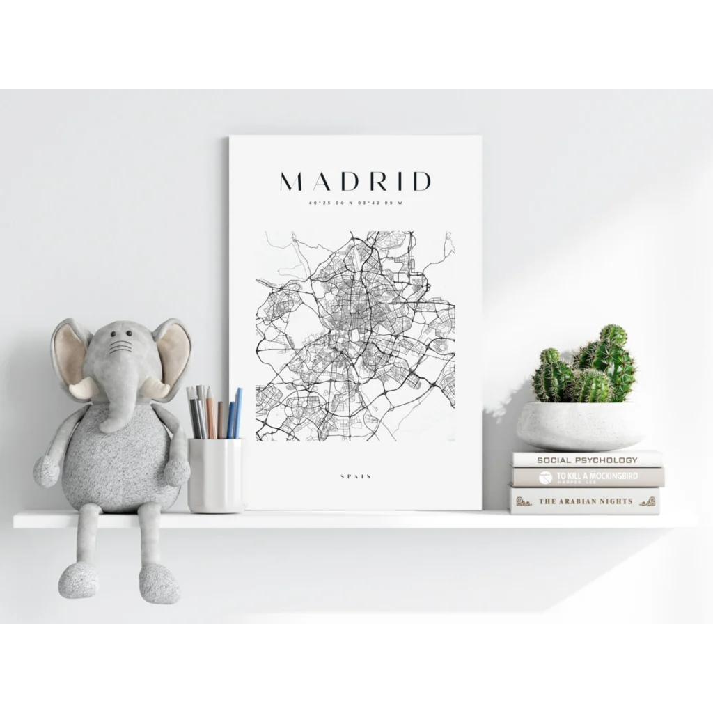 Minimalist black-and-white Madrid map on Insigne aluminum print