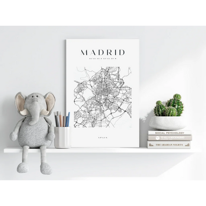 Minimalist black-and-white Madrid map on Insigne aluminum print