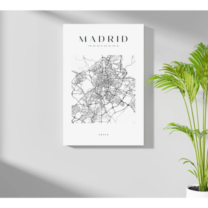 Minimalist Madrid map on insigne aluminum print, framed elegantly