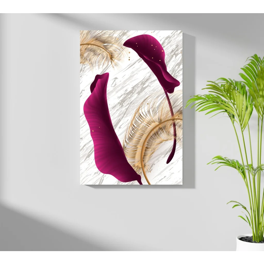 Stylish magenta calla lily canvas print with gold leaf on marble