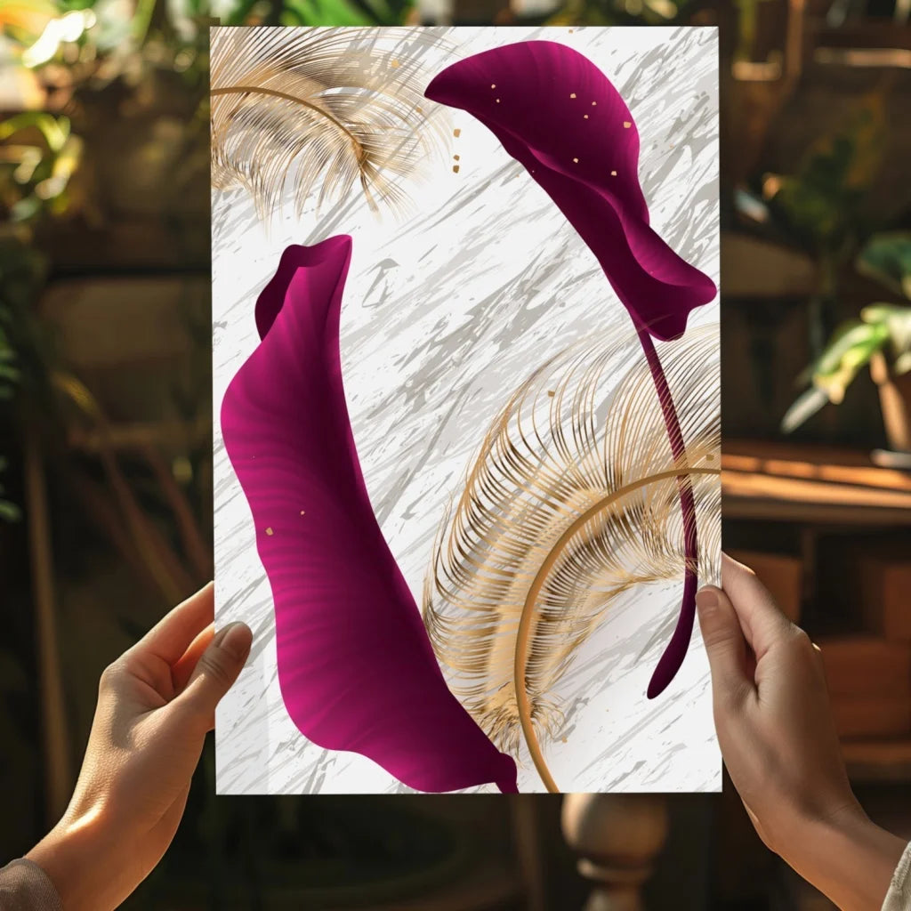 Magenta calla lily canvas with gold leaf on marble background