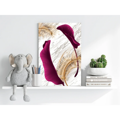 Vibrant magenta peacock feather canvas with gold accents on marble