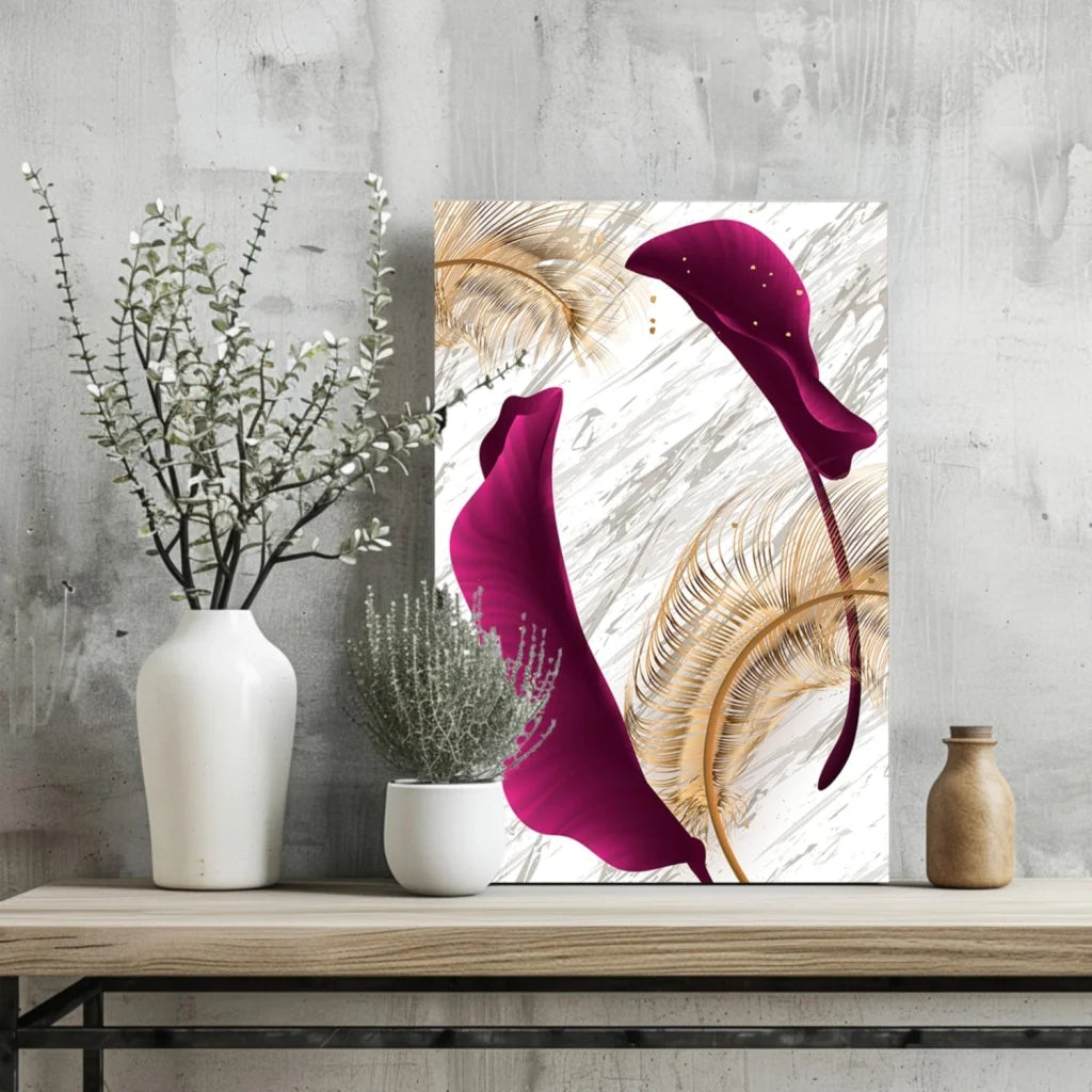 Vibrant magenta calla lily canvas print with gold leaf accents on marble