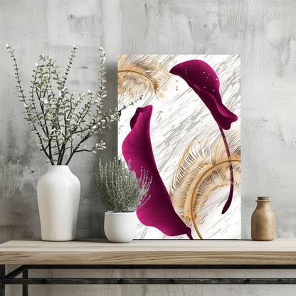 Vibrant magenta calla lily canvas print with gold leaf accents on marble
