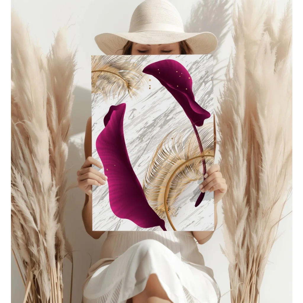 Vintage magenta velvet hat with gold accents, sequins on marble canvas