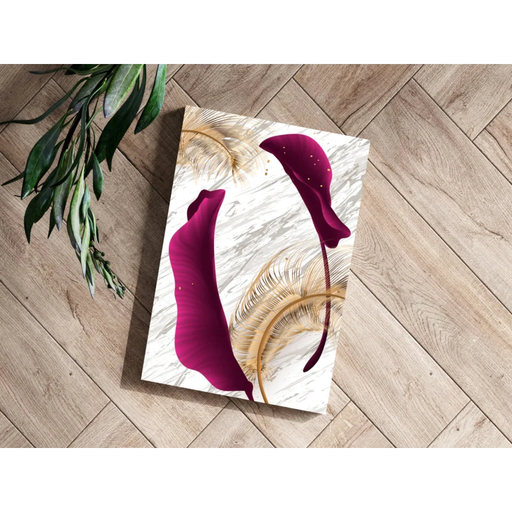 Vibrant magenta calla lily canvas with gold leaf on marble background