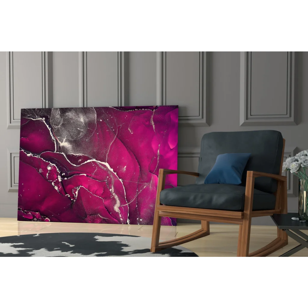 Vibrant magenta marble glass wall art with bold black accents