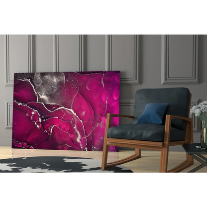 Vibrant magenta marble glass wall art with bold black accents