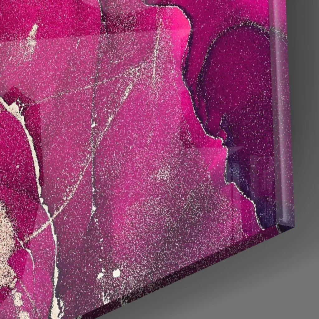 Vibrant magenta purple glass wall art with glitter and black accents