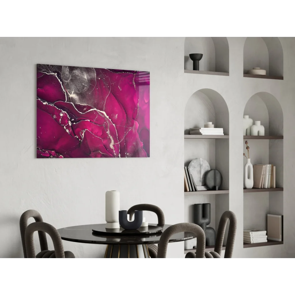 Modern magenta and gray marble glass wall art in black frame