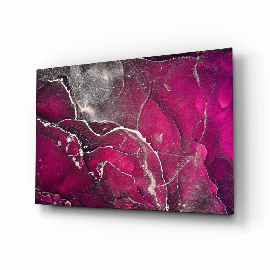 Vibrant magenta glass wall art with gray abstract print and marble accents