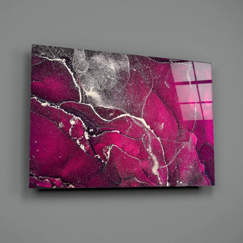 Vibrant magenta glass wall art with white veining and bold black accents