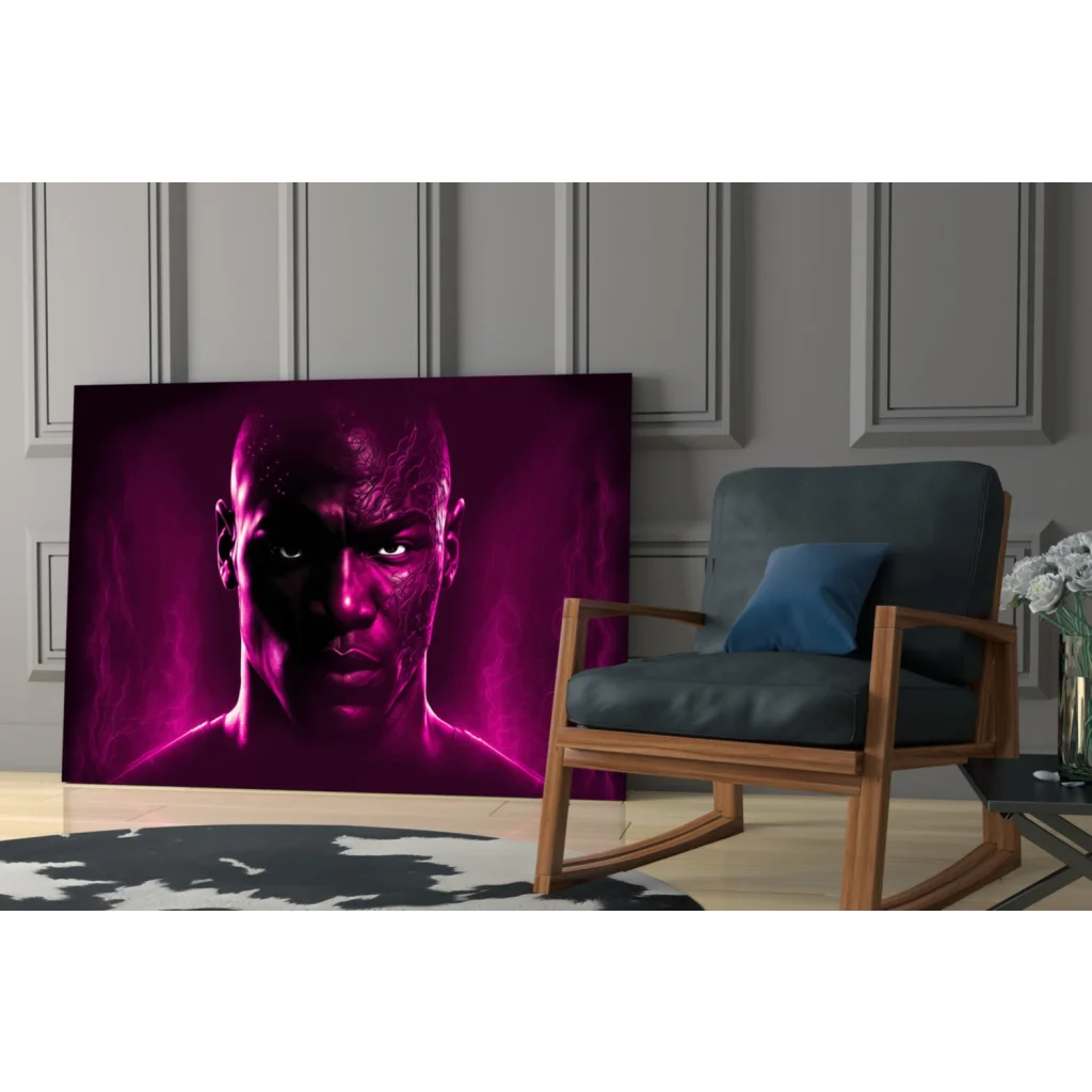 Magenta Warrior glass wall art: bald man with glowing eyes on purple canvas