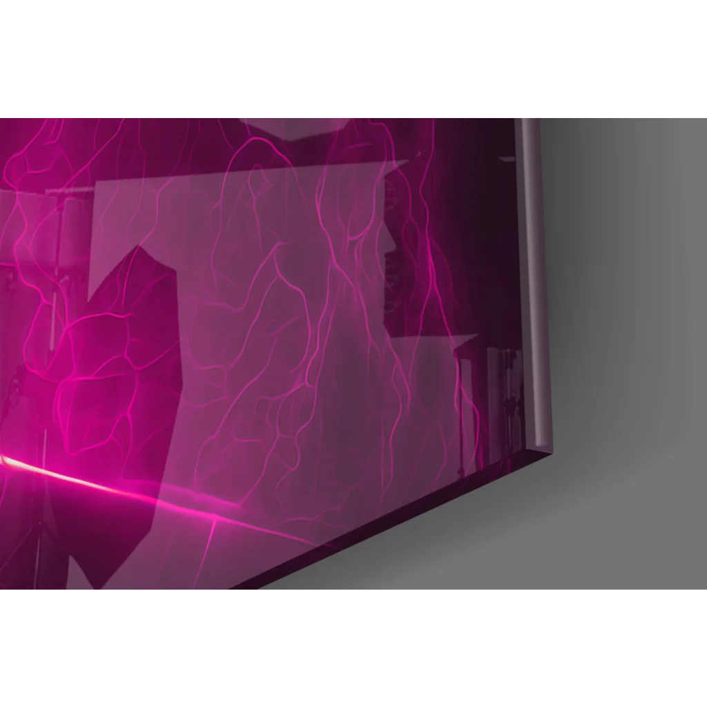 Magenta Warrior glass wall art with glowing eyes and pink lightning TV screen