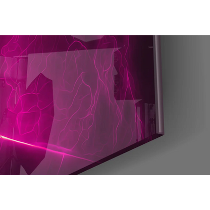 Magenta Warrior glass wall art with glowing eyes and pink lightning TV screen