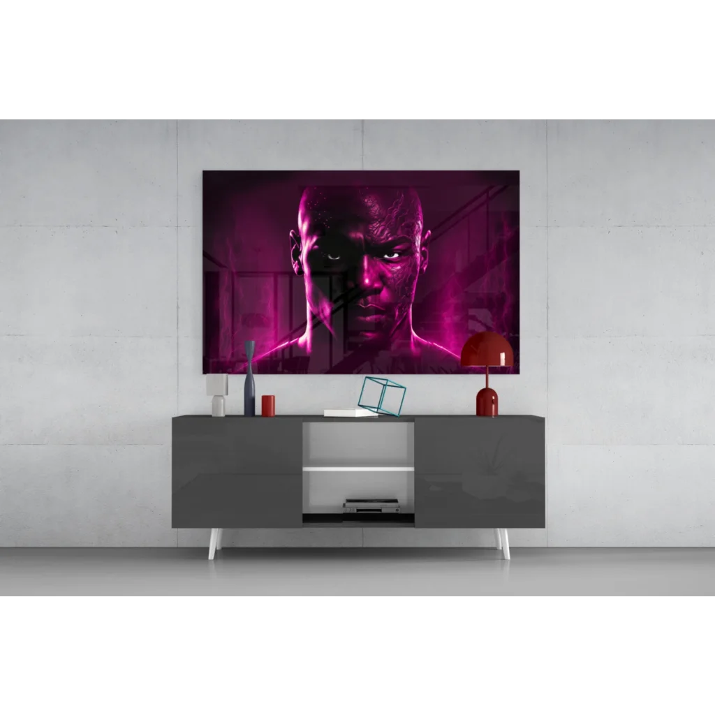 Magenta Warrior glass wall art with glowing eyes portrait