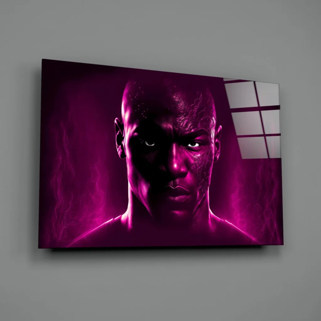 Vibrant magenta glass wall art of muscular bald warrior with glowing eyes