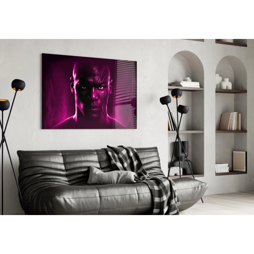 Vibrant magenta glass wall art portrait of bald warrior with glowing eyes