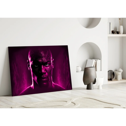 Vibrant magenta warrior glass wall art portrait with intense glowing eyes