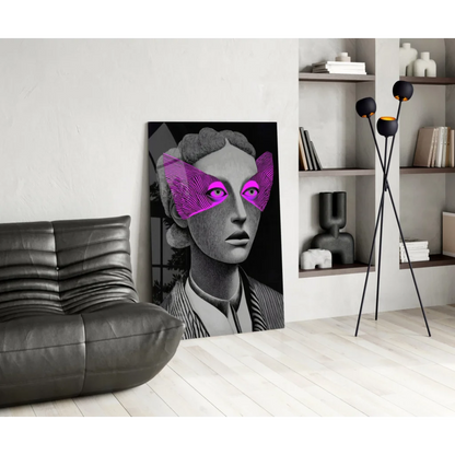 Striking black-and-white portrait canvas wall art of woman with purple wing-like eye coverings