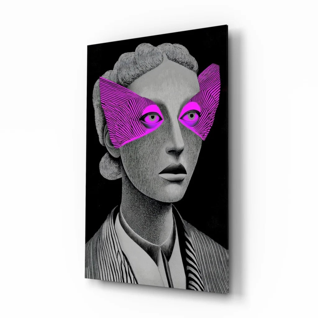 Striking black-and-white woman portrait canvas wall art with vibrant purple eye masks